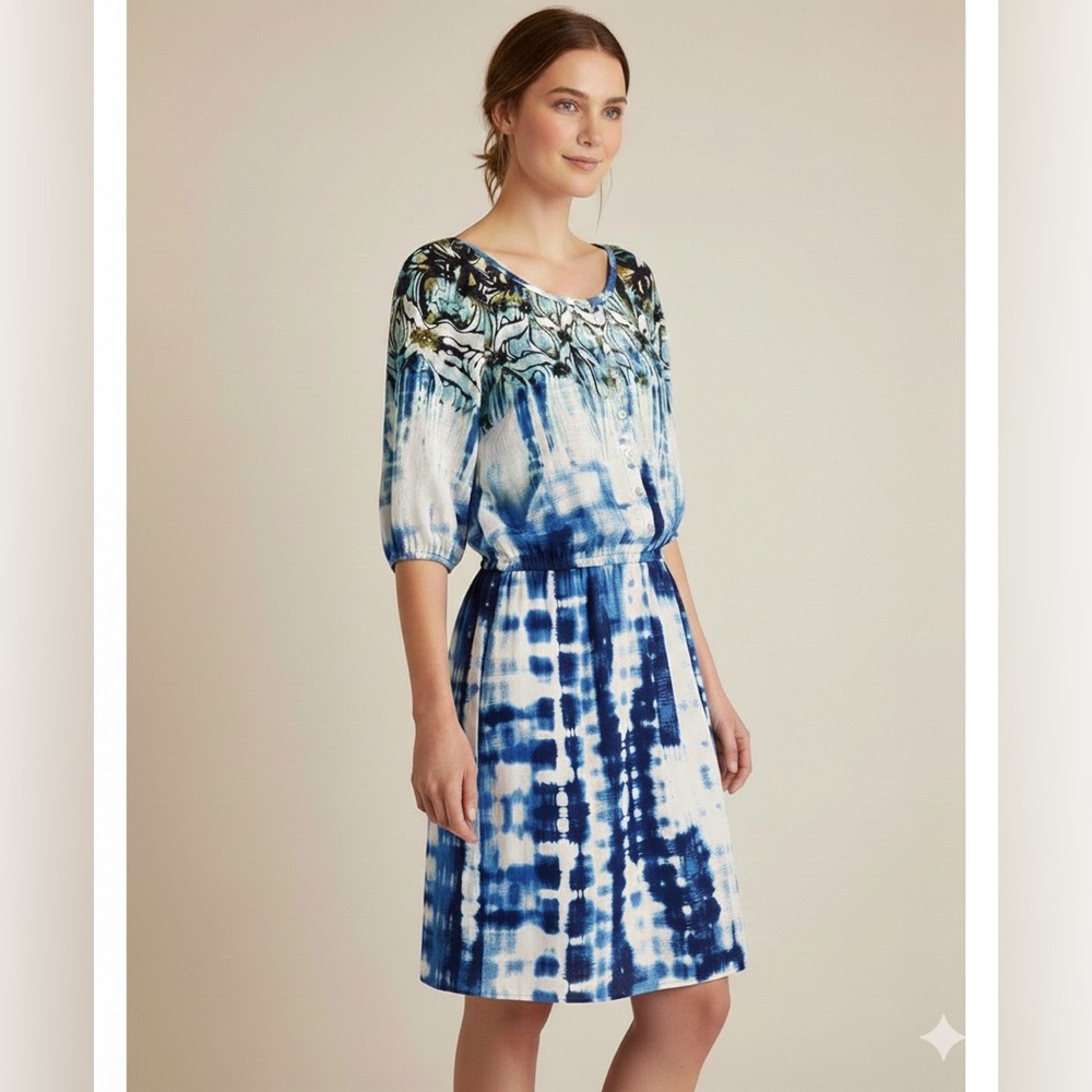 Boston Proper Size 6 Blue White Tie Dye Boho Dress Cinched Waist Tropical Resort